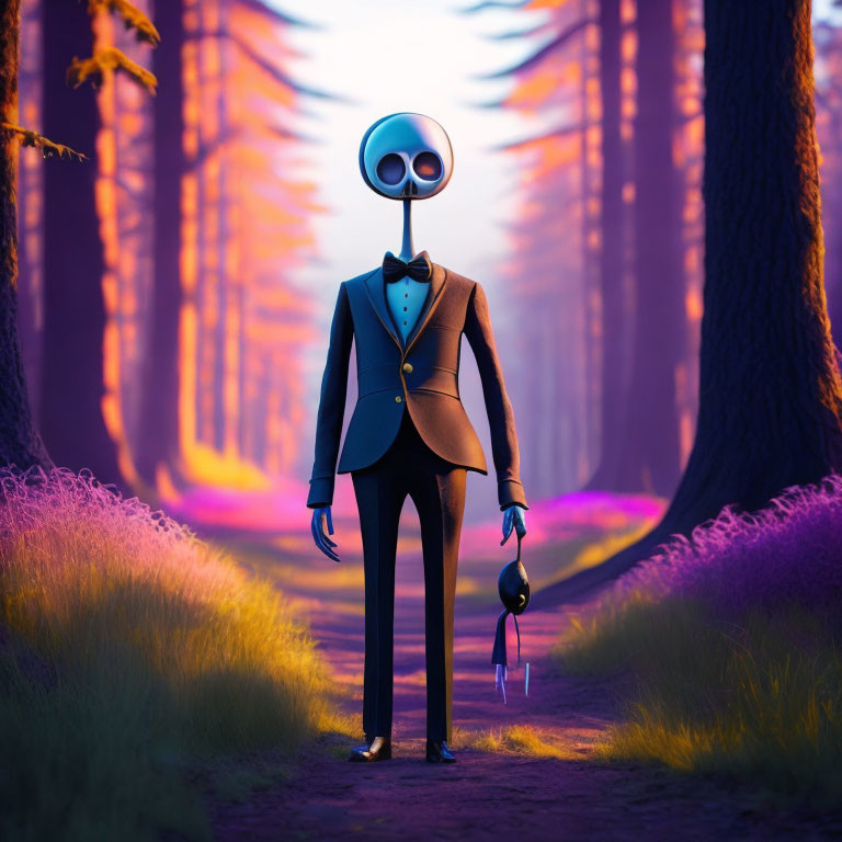 Elongated head character in suit in mystical forest at twilight