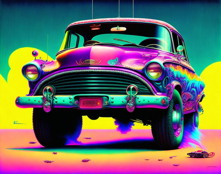 Colorful Psychedelic Classic Car Illustration with Neon Background