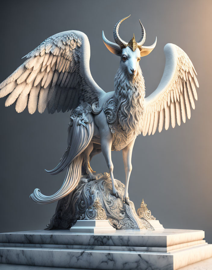 Mythical creature with lion body, wings, and goat head on marble pedestal