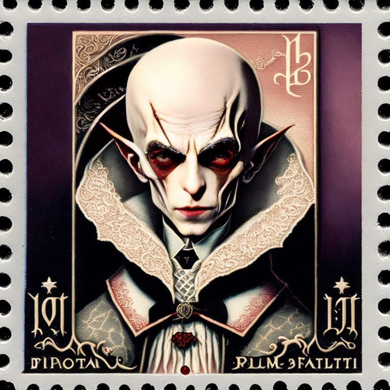 Illustrated character stamp with pale skin, pointed ears, red eyes, and gothic attire.
