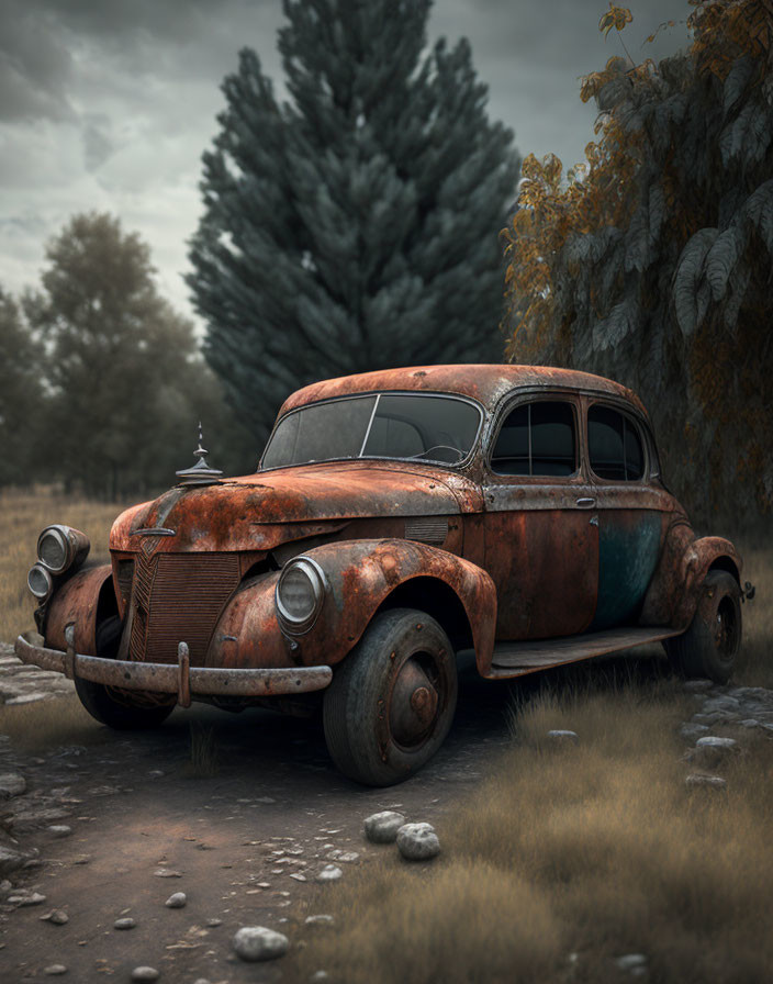 Abandoned rusted car in overgrown field with autumn trees under overcast sky