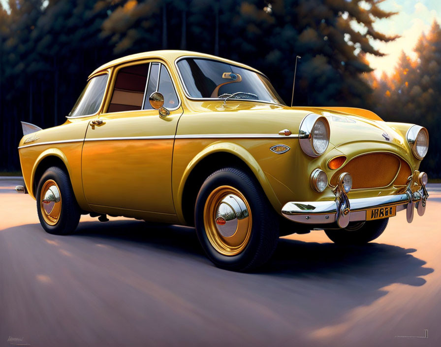 Vintage Yellow Car with Chrome Details and Round Headlights in Serene Setting