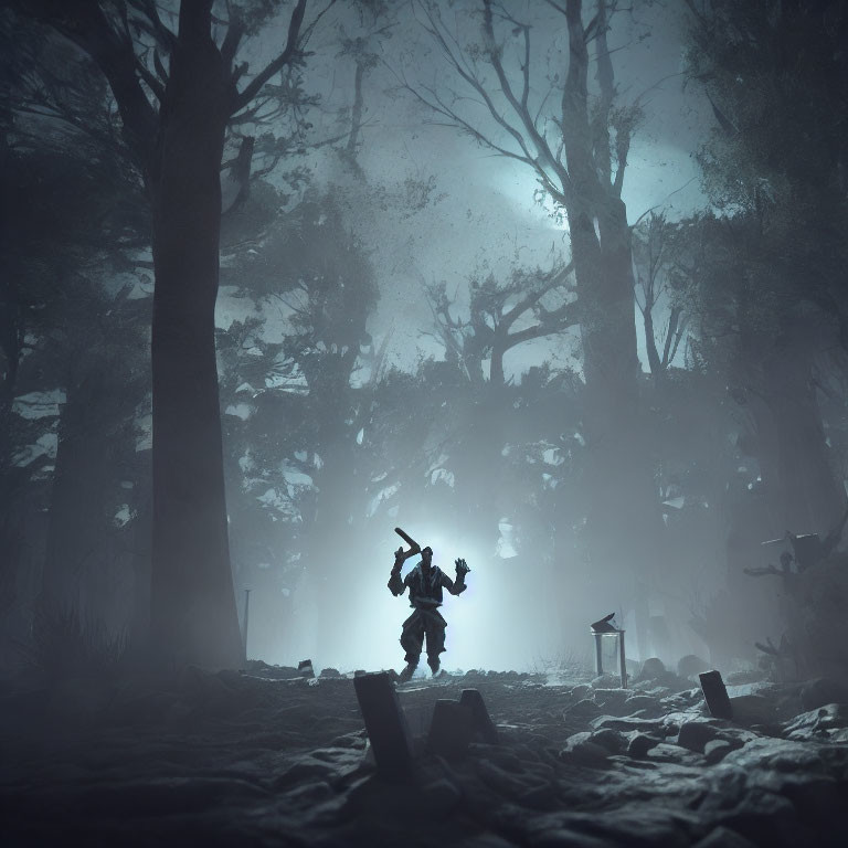 Silhouette of person with raised arms in foggy forest with eerie shadows