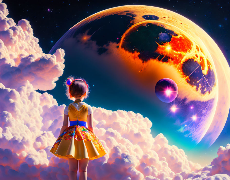 Young girl in yellow dress on clouds gazes at fiery planet and orbs in starry sky