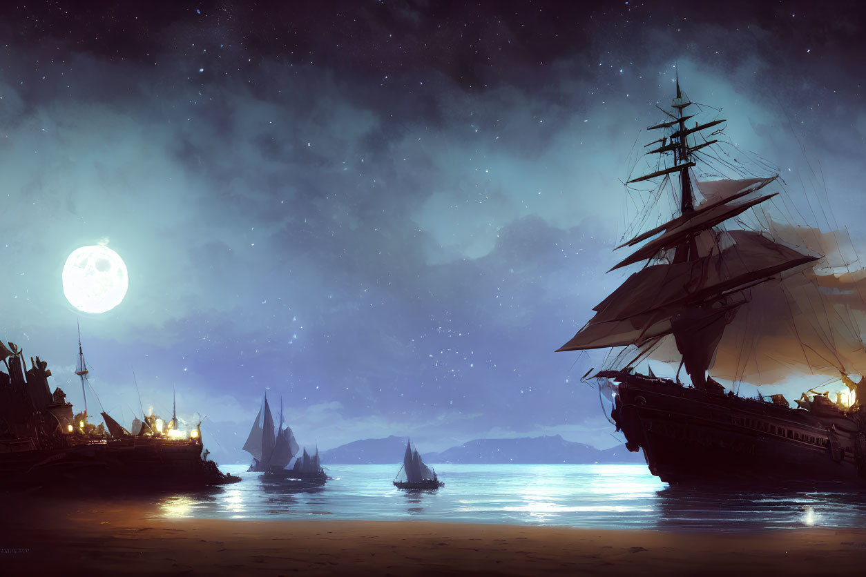 Full Moon Seascape with Sailing Ship and Boats