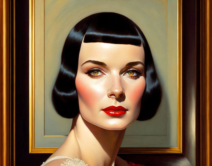 Stylized portrait of woman with bob haircut and red lipstick in golden frame
