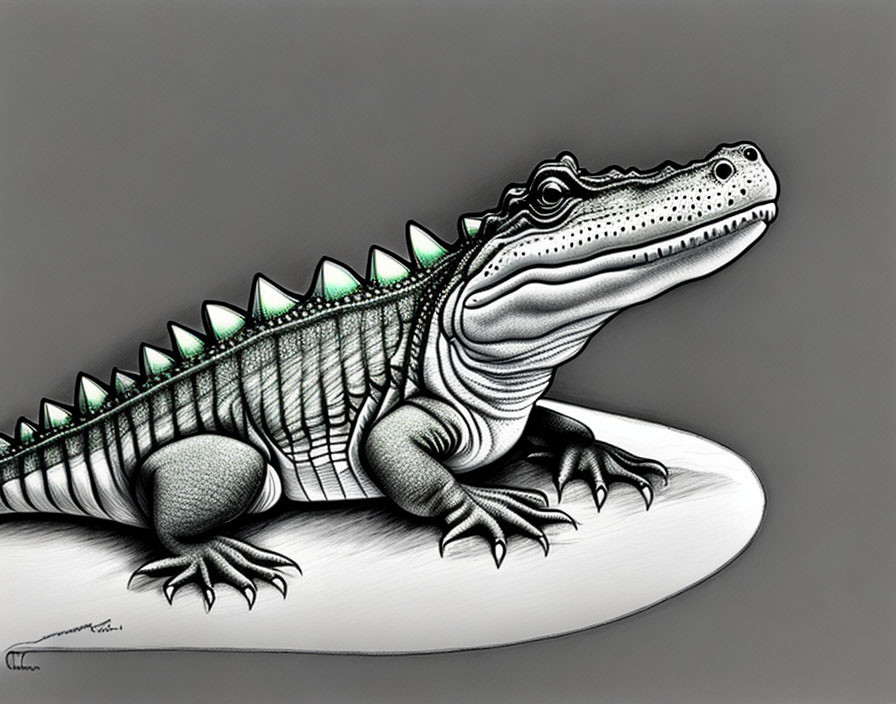 Detailed Alligator Illustration with Green Textures resting on Surface
