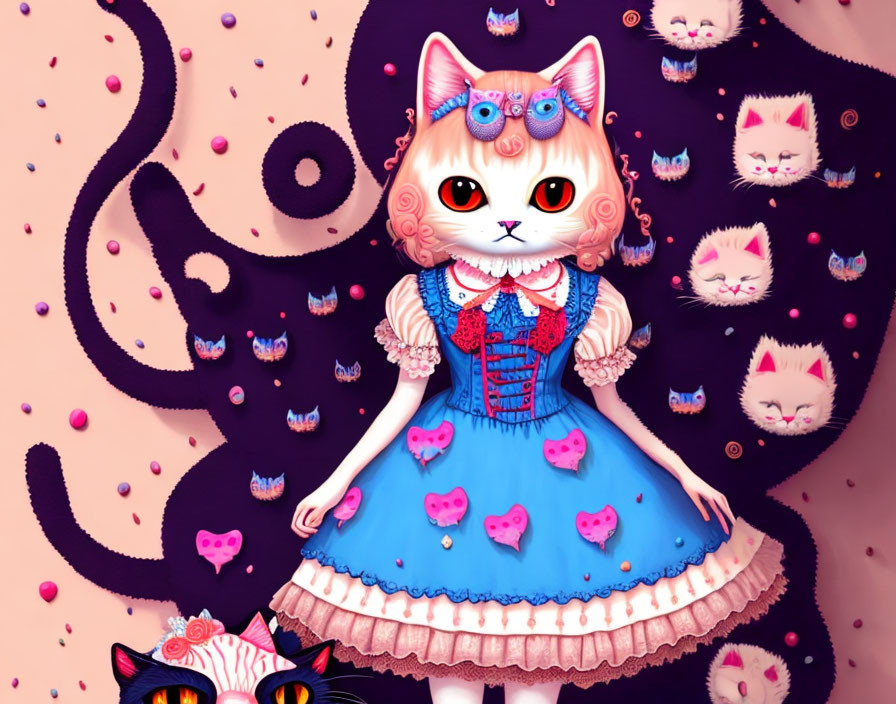 Whimsical cat character in blue & red Victorian dress with heart patterns surrounded by floating cat heads and