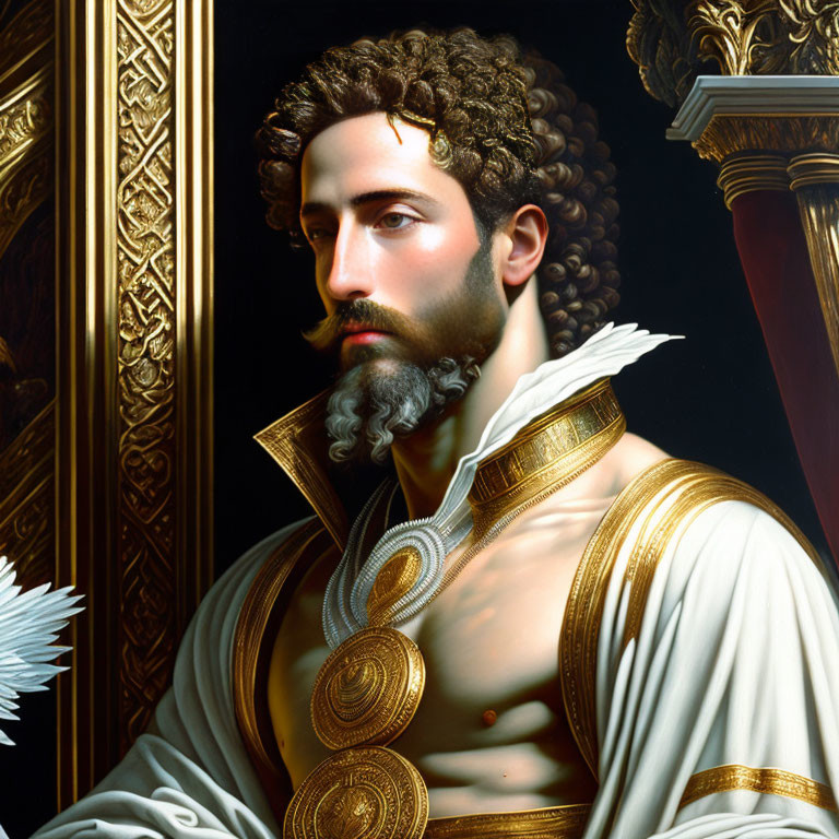 Classical-style portrait of man with curly hair, beard, in ornate historical clothing.