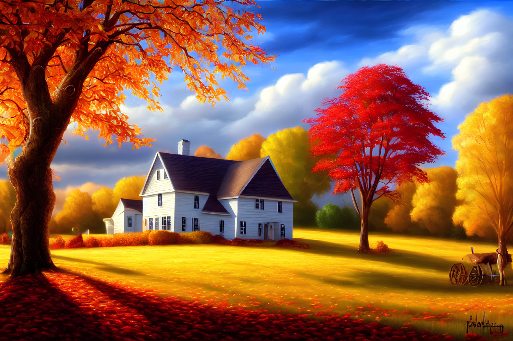 Vibrant autumn landscape with orange and red trees, white house, wooden cart, blue sky.
