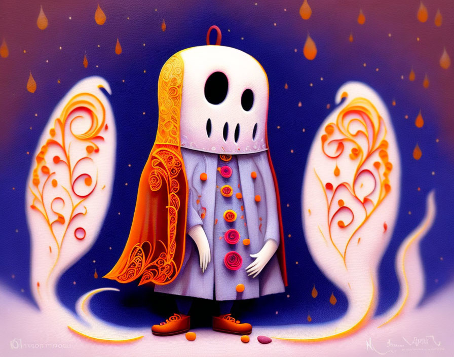 Whimsical character with skull head in patterned cloak and orange shoes against fiery backdrop