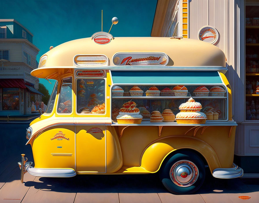Vintage Yellow Food Truck Displaying Cakes and Pies on Sunny Street
