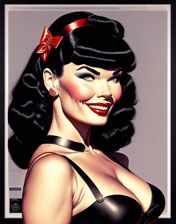 Vintage pin-up style illustration of a woman with red bow, wavy bangs, red lipstick,