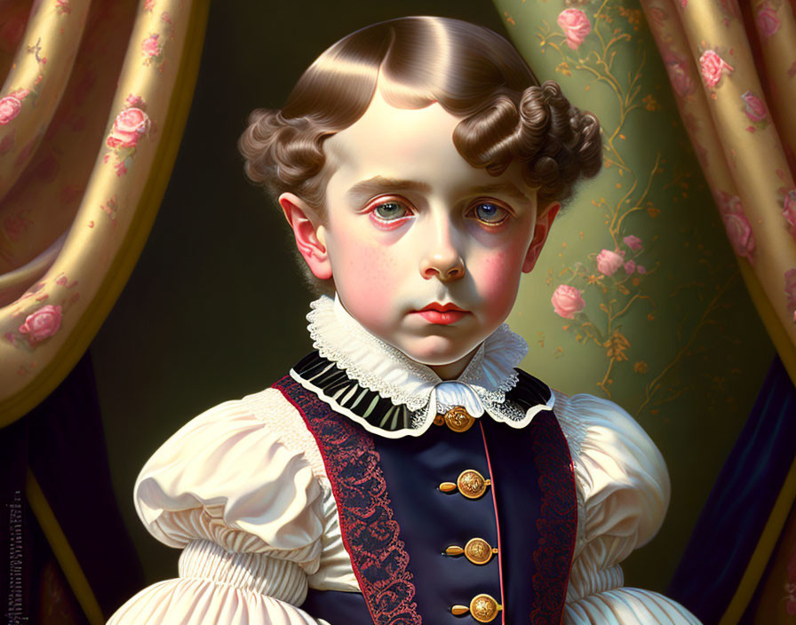 Stylized portrait of young child in vintage blue and white outfit