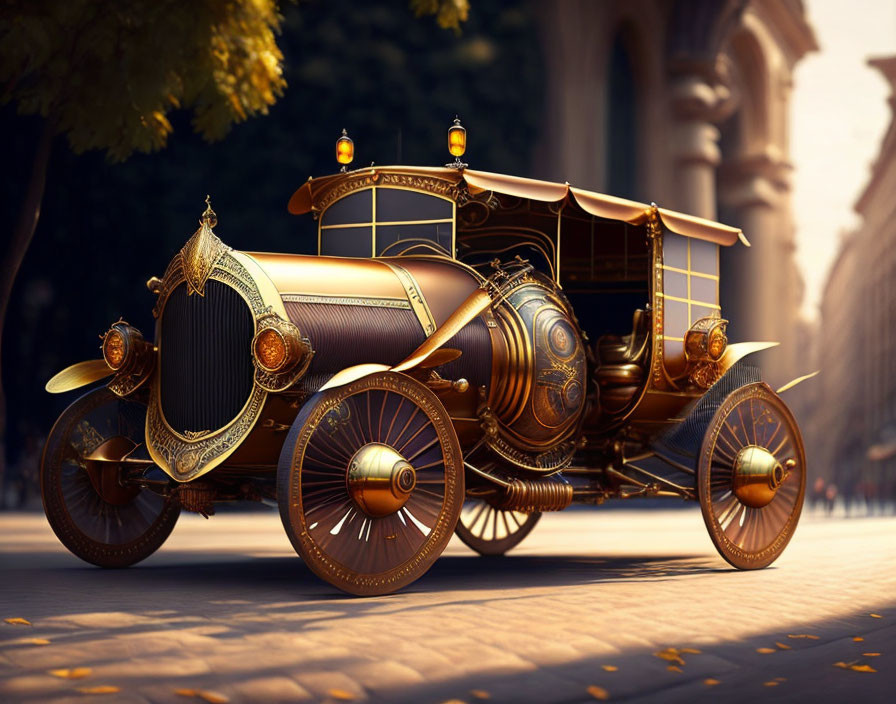 Steampunk-inspired vintage car with ornate brass accents parked on tree-lined street