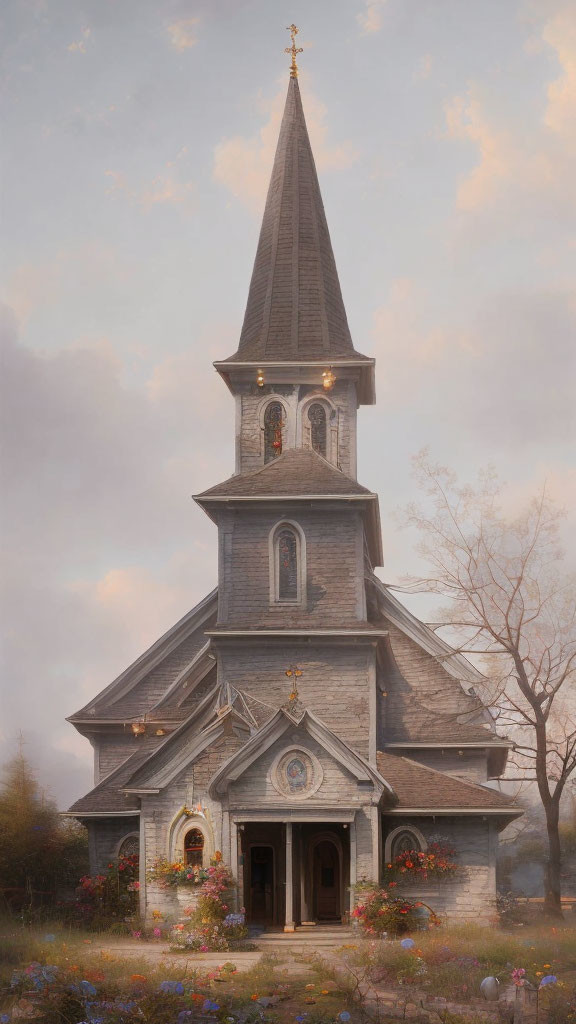 Old picturesque church with tall spire in serene misty setting