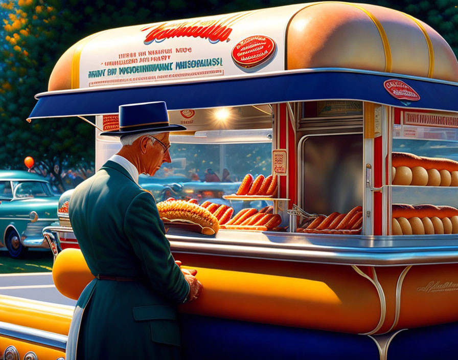 Elderly man in blue suit at colorful hot dog stand with vintage cars
