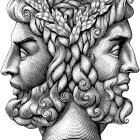 Monochrome illustration: mirrored profiles with tree of life and intricate patterns