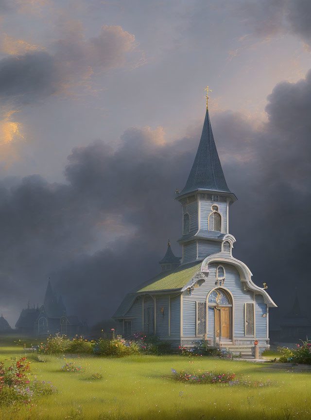 Wooden church with spire amid wildflowers under dramatic sky at dawn or dusk