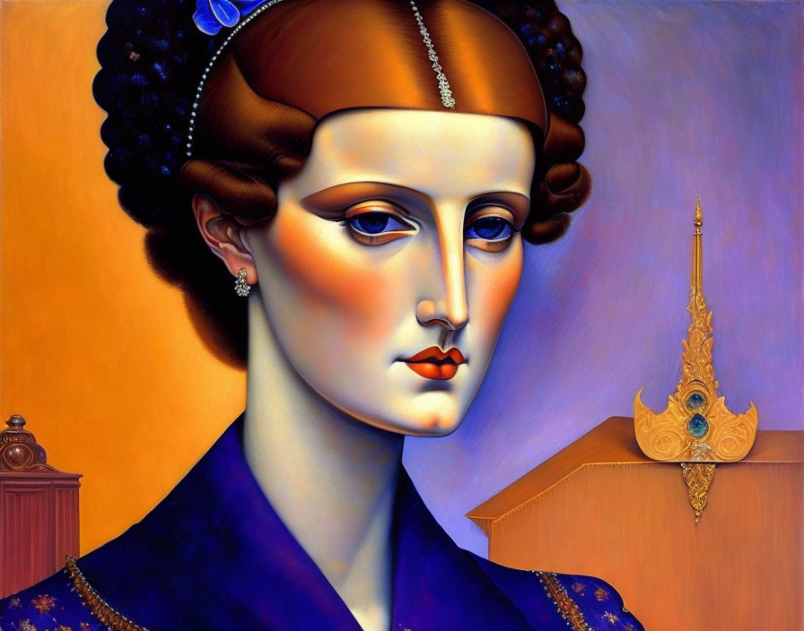 Surrealist portrait of woman with stylized features and ornate headdress