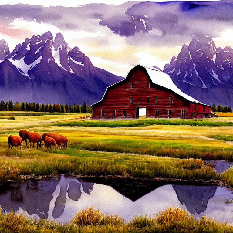 Scenic painting of red barn, mountain, bison, and water reflection