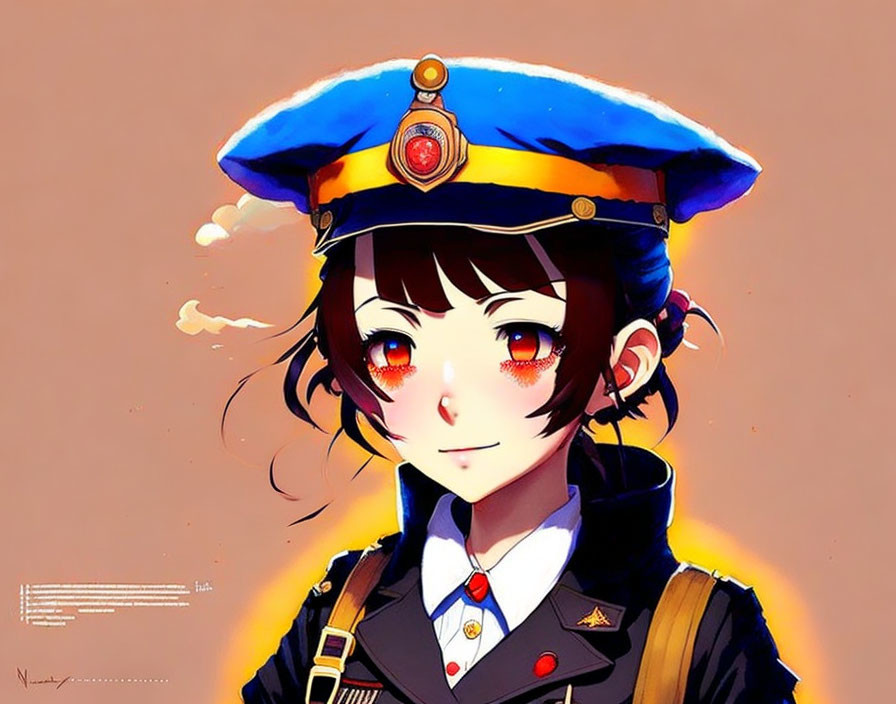 Anime-style character with brown hair, red eyes, blue police cap, dark uniform, red tie,