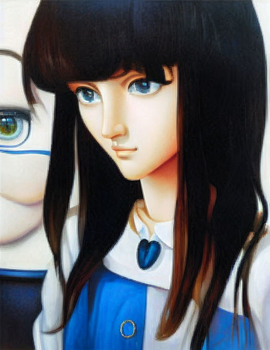 Female character with blue eyes and dark hair in blue outfit with pendant, another character in background