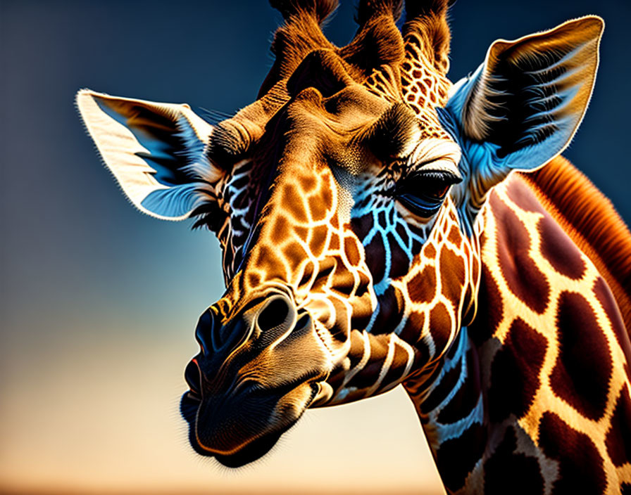 Detailed patterns on giraffe's fur, large ears, gentle eyes against blue sky