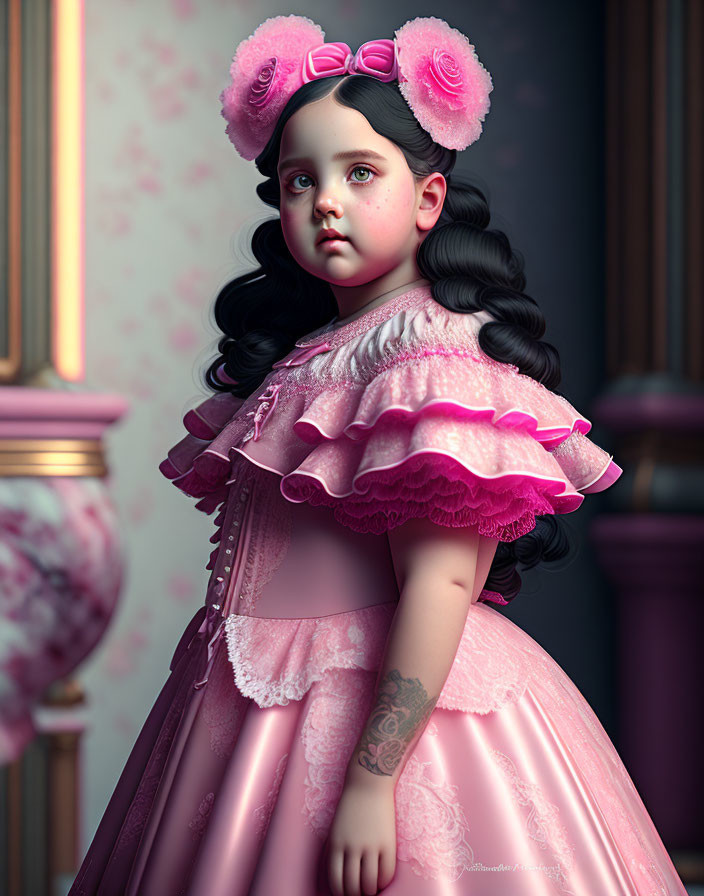 Digital rendering of young girl in pink ruffled dress with black hair