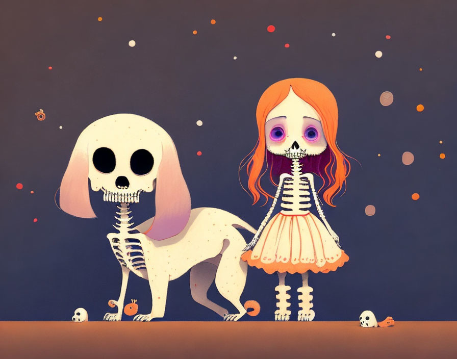Cartoonish skeletal girl with skeleton dog on leash in dark setting