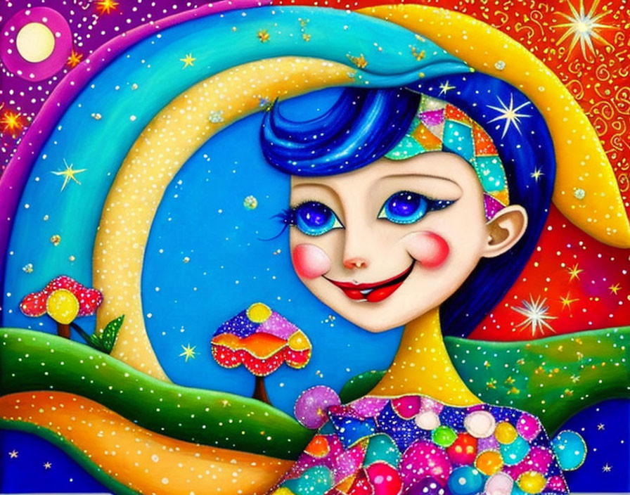 Whimsical painting of blue-skinned female amidst stars and flowers