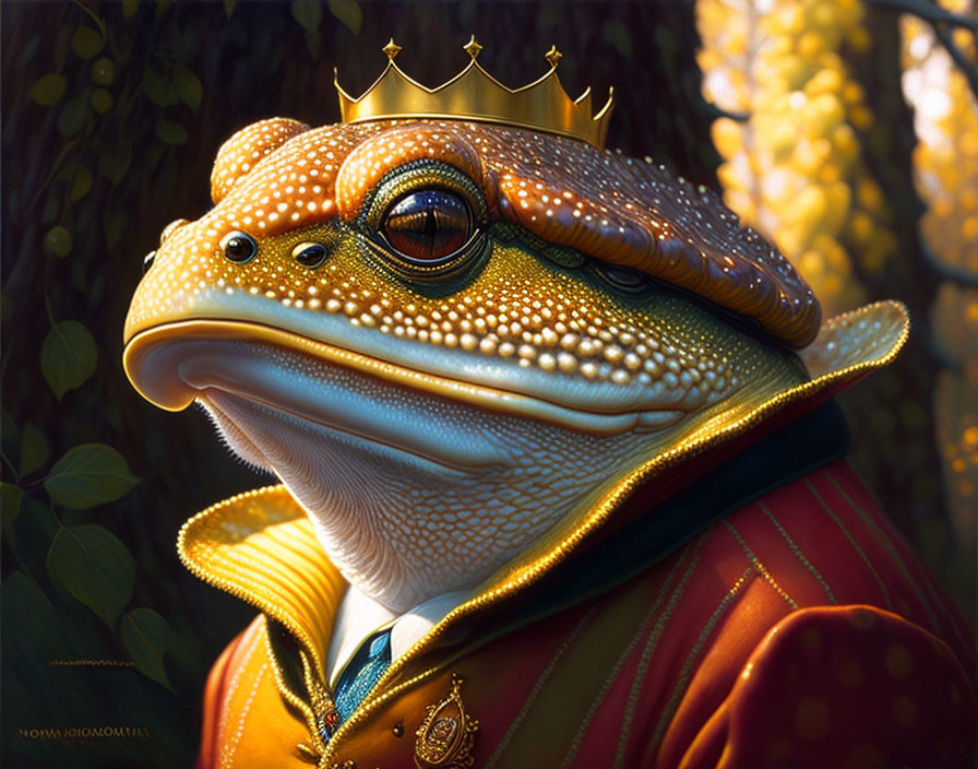 Majestic frog with golden crown and red cloak in forest scene