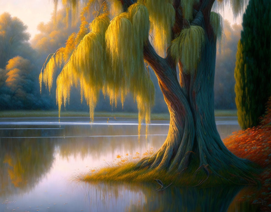 Tranquil landscape: majestic willow tree by calm lake in golden light