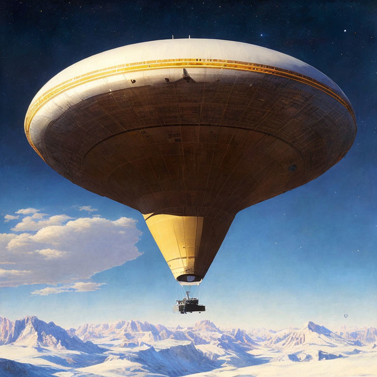 Futuristic airship over snowy mountain landscape