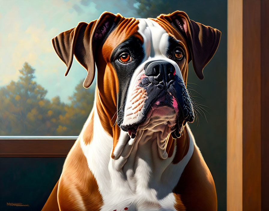 Realistic painting of brown and white boxer dog with soulful eyes in natural setting
