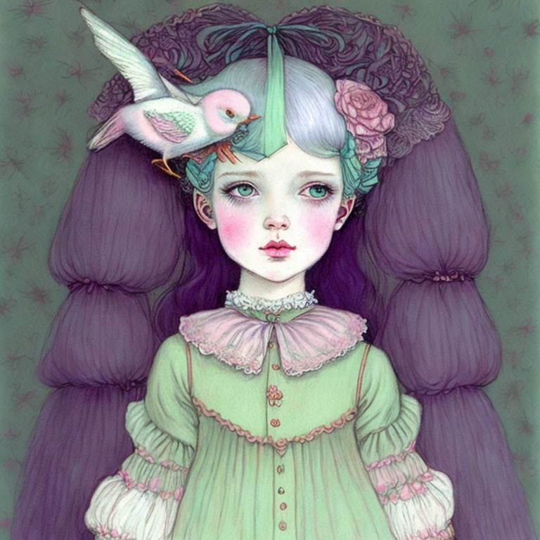 Illustration of girl with pale blue hair, big eyes, Victorian attire, pink bird, purple background