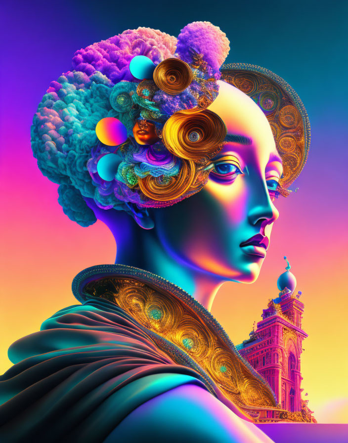 Female figure with classical elements and neon colors merging in surreal portrait
