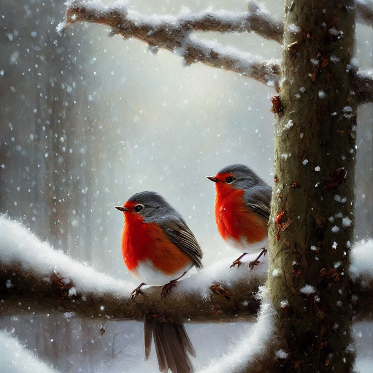Red-breasted birds perched on snowy branch with falling snowflakes