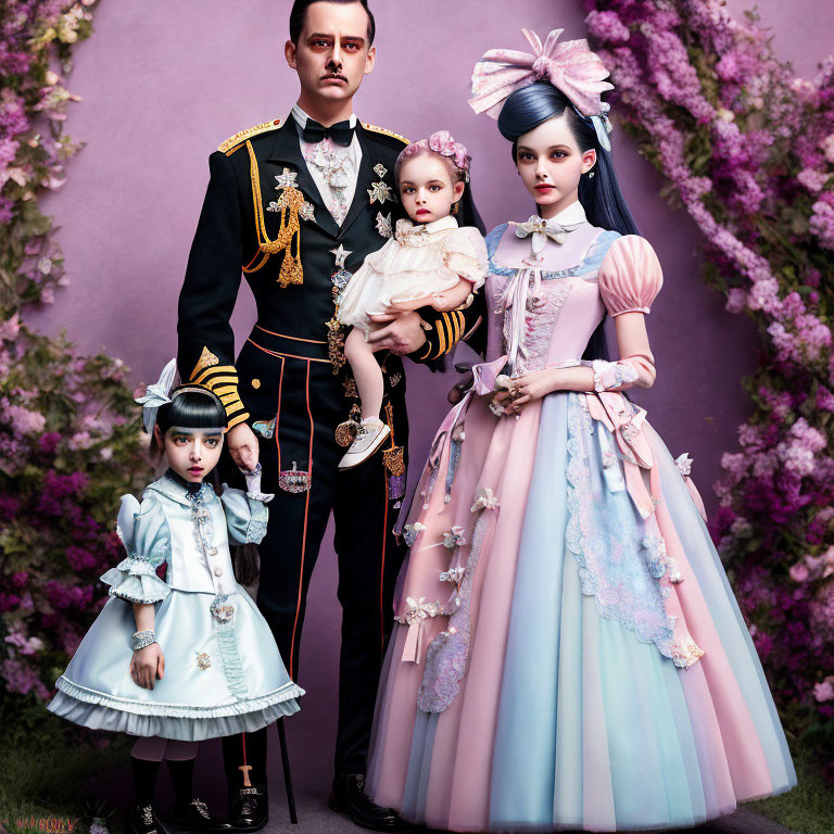 Vintage Family Portrait with Military Man, Woman in Pastel Gown, and Girls in Frilly Dresses