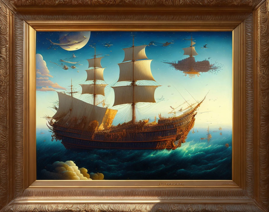 Framed painting of majestic sailing ship on ocean at sunset