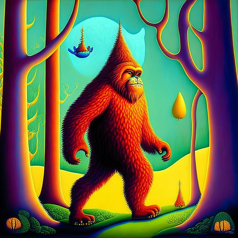 Colorful furry creature in fantasy forest with genie-like figure and surreal trees