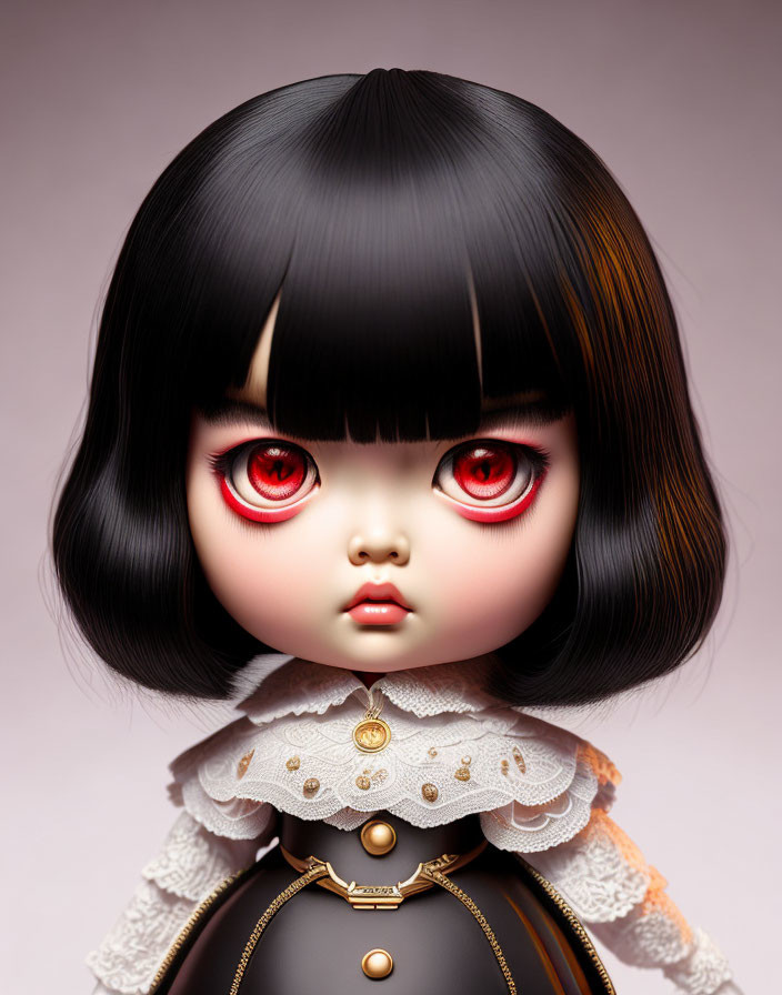 Detailed image: Doll with large red eyes, short black hair with brown streaks, ruffled white