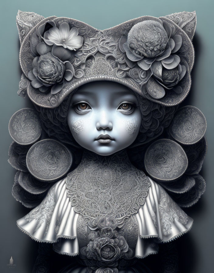 Stylized portrait of a girl with expressive eyes and ornate headdress