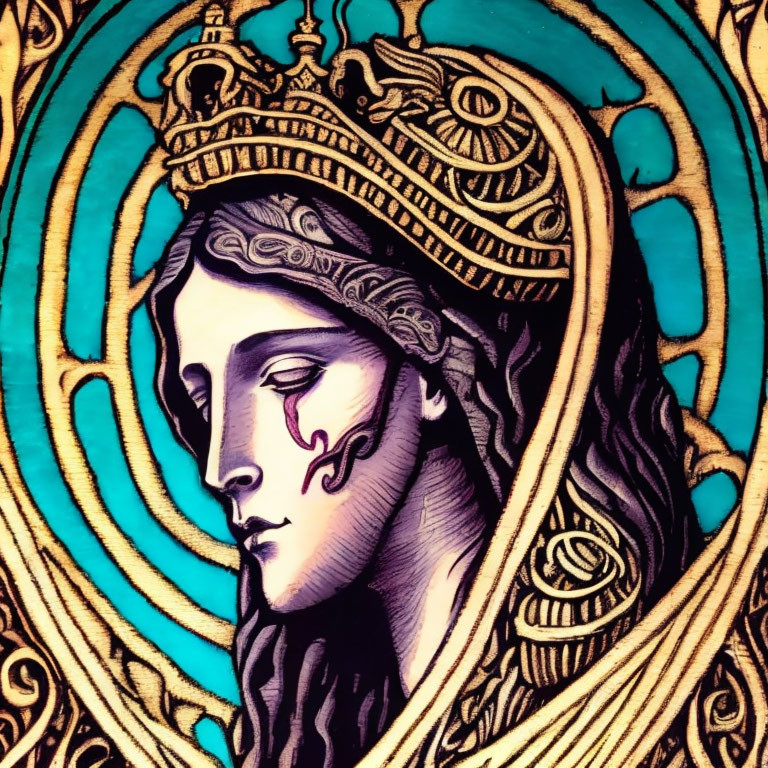 Intricate crowned female figure on blue patterned background