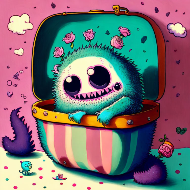 Blue, one-eyed monster in striped suitcase with pink hearts and tiny monsters