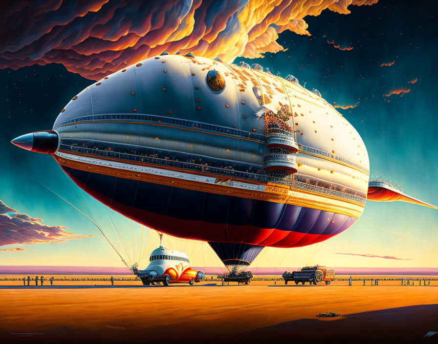 Fantastical retro-futuristic airship hovering over dramatic landscape