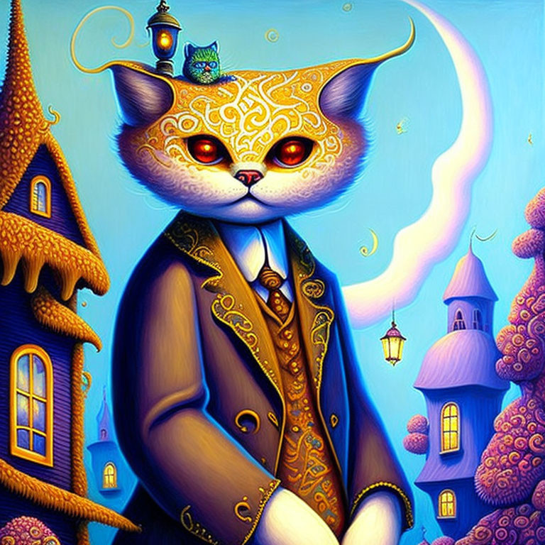 Anthropomorphic cat in suit with whimsical background and tiny cat.