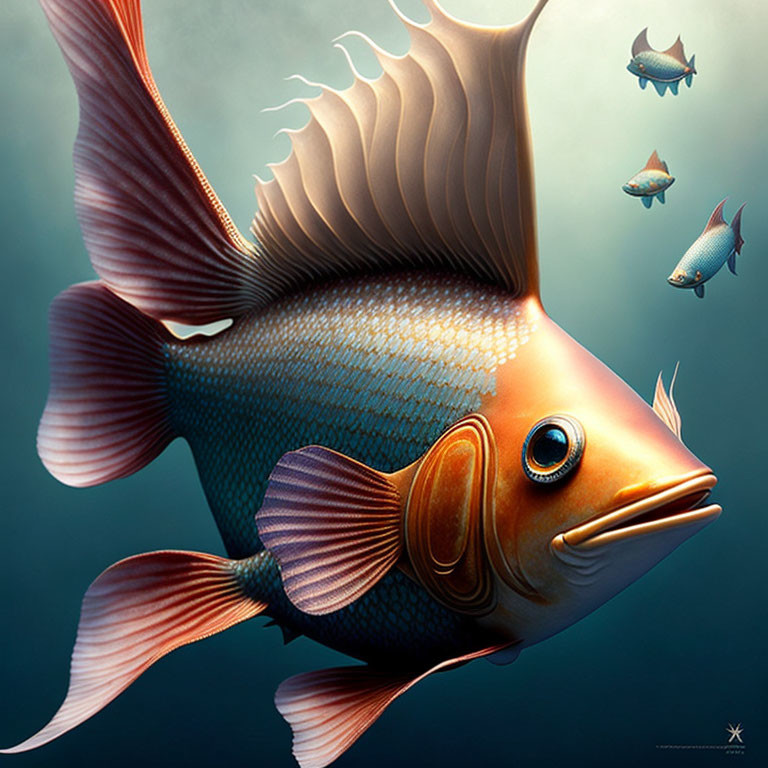 Vibrant digital artwork of a stylized fish swimming in a blue-green aquatic scene