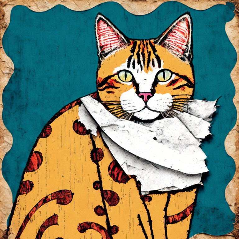 Illustration of orange tabby cat with white collar on torn floral paper.