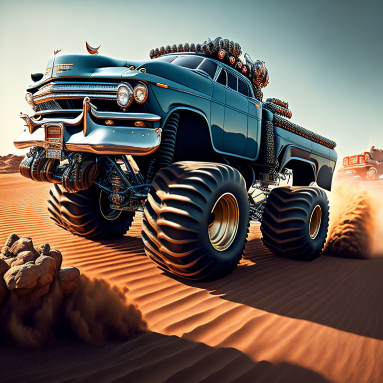 Vintage car with oversized off-road tires driving in sandy desert landscape